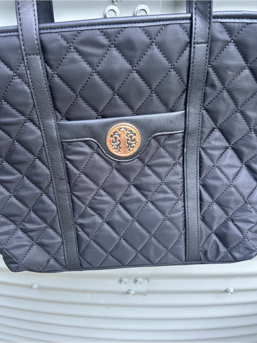 Tory Burch Black Quilted Nylon Large Tote Bag Gold Logo - Picture 2 of 6